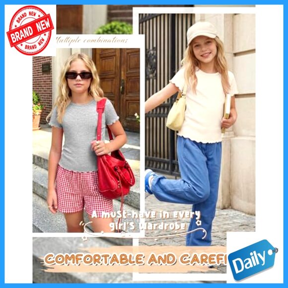 4 Pack Girls Short Sleeve Tees Slim Fit Lettuce Trim Crewneck Summer Tops - Picture 4 of 6